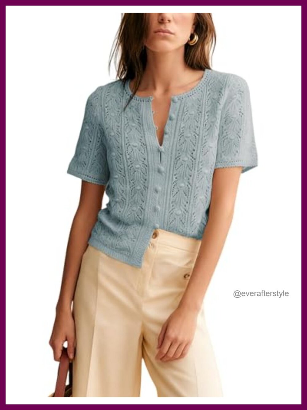 Womens Cotton Crochet Knit Cardigan Short Sleeve Button Crew Neck